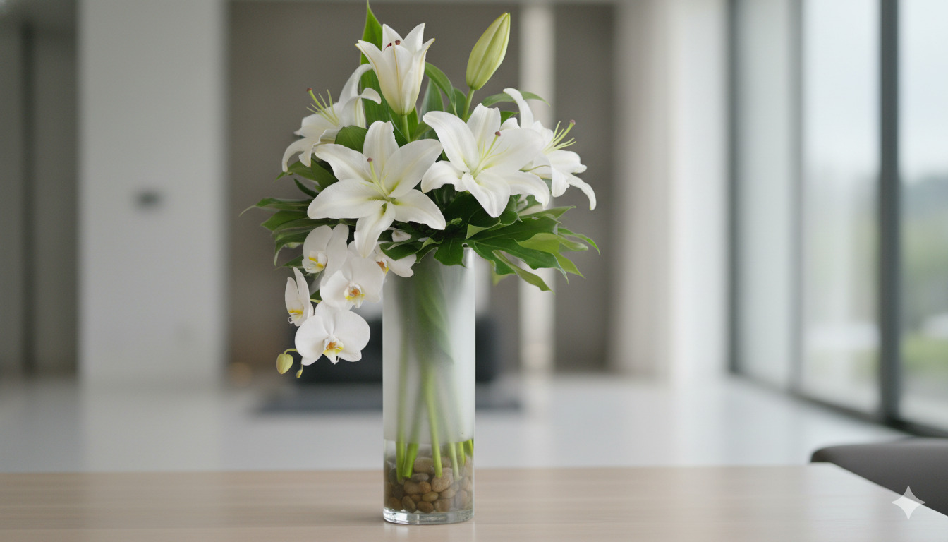 Elegant white lily and orchid arrangement